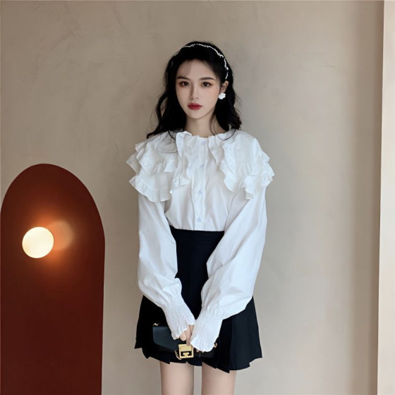 ID:968 - Autumn retro style design top, western style double layer ruffle collar long-sleeved shirt