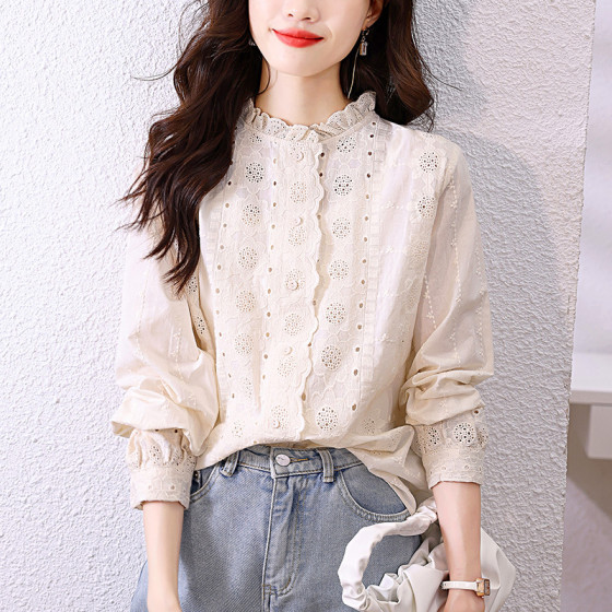 ID:970 - Spring and Autumn Lace Collar Apricot Shirt Women's Long Sleeve Embroidered Flower Shirt Top