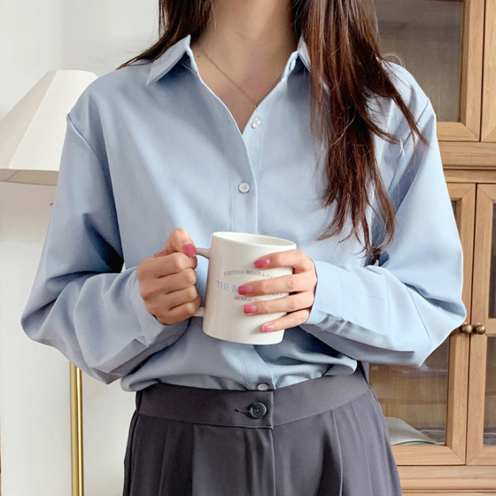ID:974 - Spring and Autumn Korean Style Ins Versatile Shirt Women's Loose Design Lazy Style Long Sleeve POLO Collar Professional Shirt